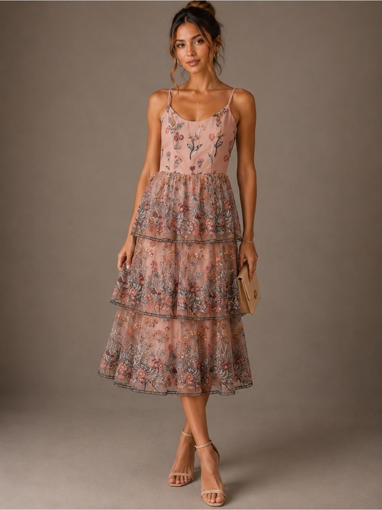 Dress the Population Dresses & Skirts - Embroidered Tiered Midi Dress in Dusty Rose